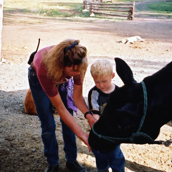 Child learning horse care at Siwash Lake
