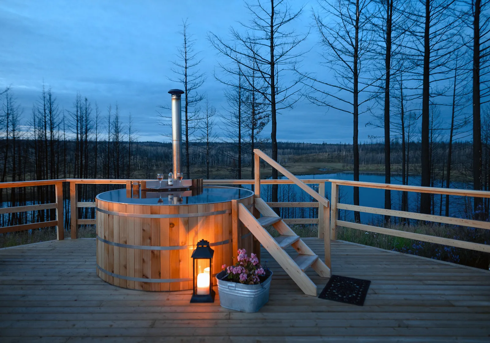 Wood-fired cedar hot tub at Star Camp