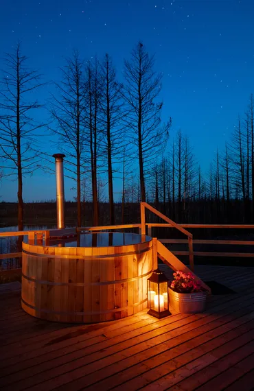 Cedar, wood-fired hot tub at Star Camp
